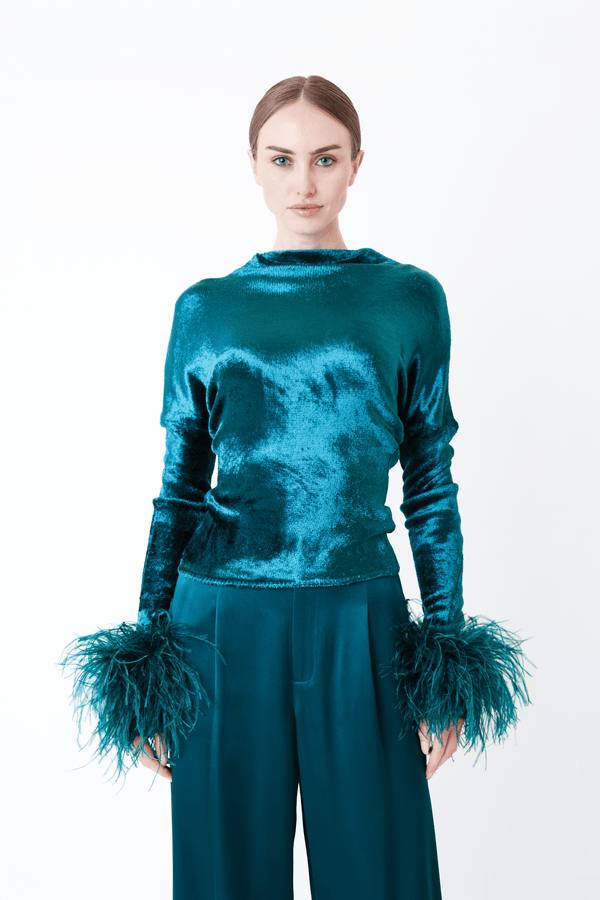 sally lapointe Velvet Dolman Top With Feathers