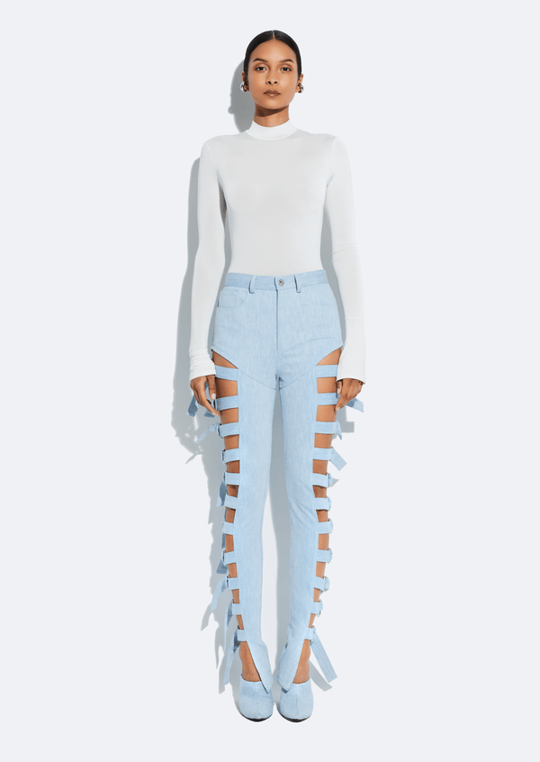 sally lapointe Washed Denim Side Buckle Pant