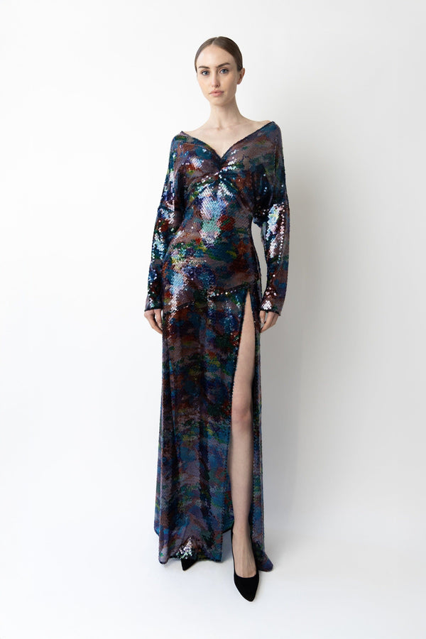 Sally Lapointe Watercolor Sequin V Neck Gown