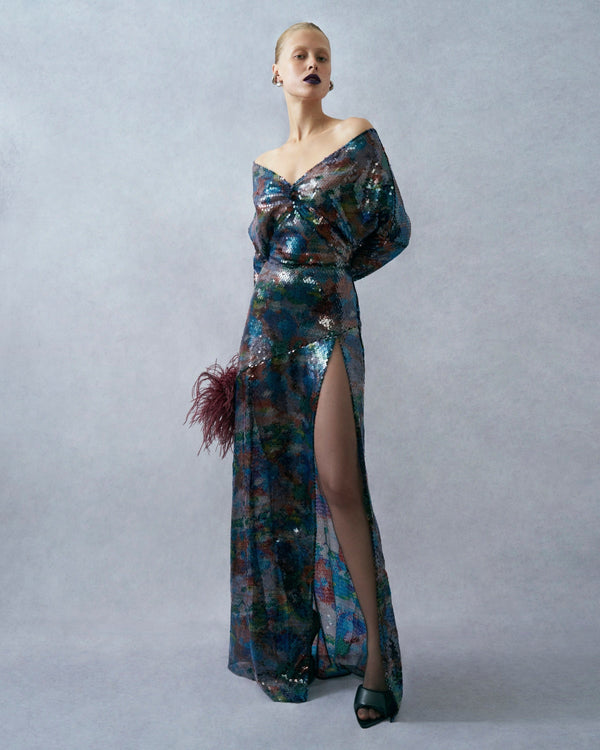 Sally Lapointe Watercolor Sequin V Neck Gown