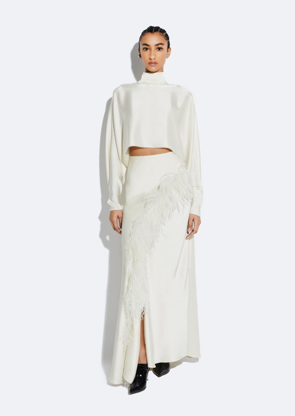 sally lapointe Satin Asymmetric Skirt With Feathers