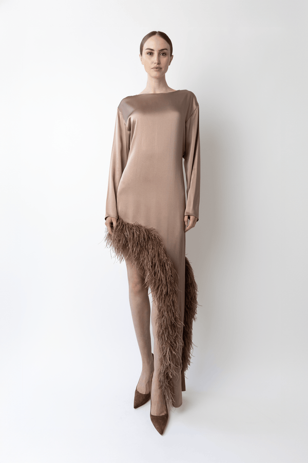 Sally Lapointe Satin Asymmetrical Dress With Feathers