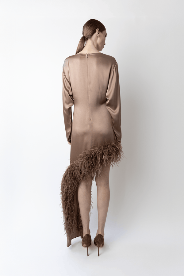 Sally Lapointe Satin Asymmetrical Dress With Feathers