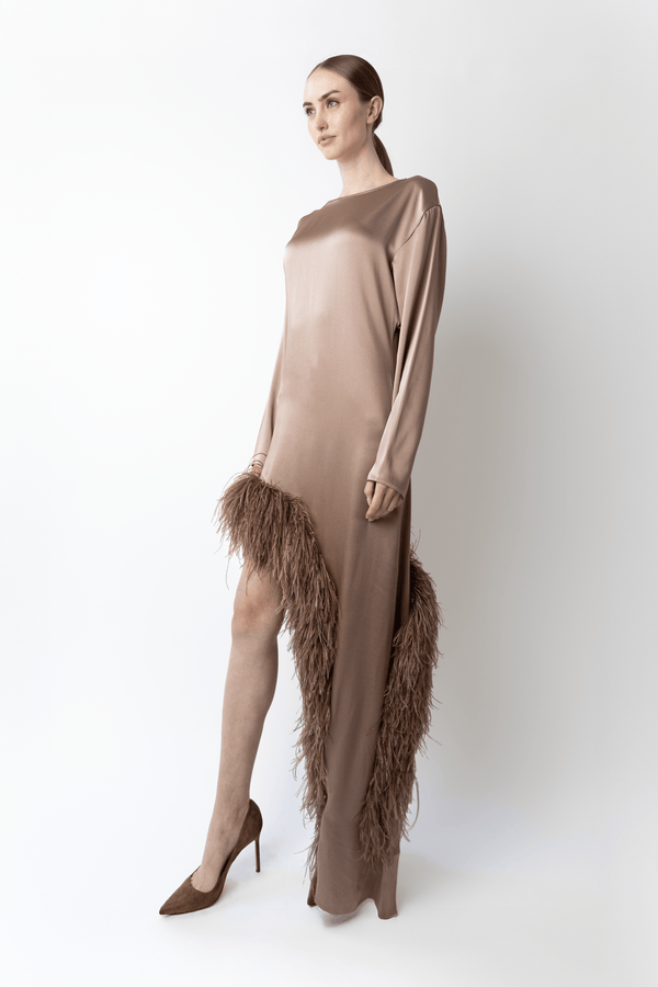 Sally Lapointe Satin Asymmetrical Dress With Feathers