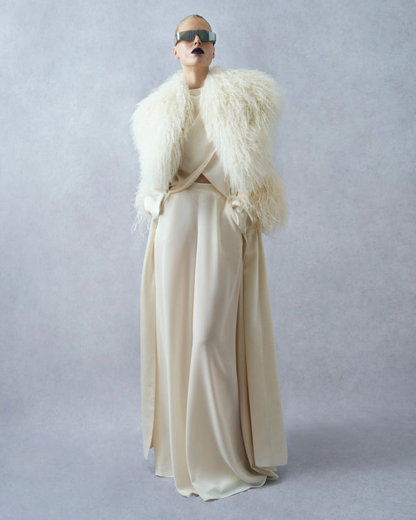 Sally Lapointe Satin Double Breasted Coat With Shearling