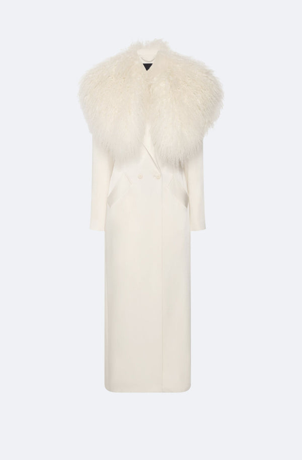 Sally Lapointe Satin Double Breasted Coat With Shearling