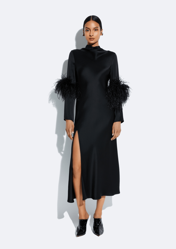 Sally Lapointe Satin Draped Neck Bias Dress With Feathers