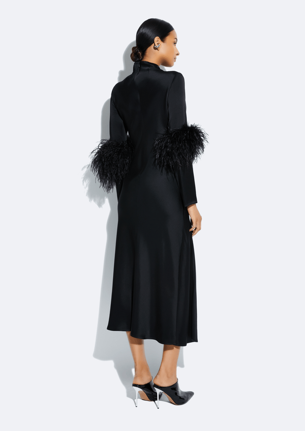 Sally Lapointe Satin Draped Neck Bias Dress With Feathers