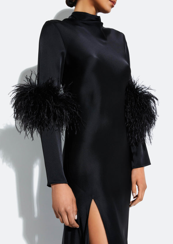 Sally Lapointe Satin Draped Neck Bias Dress With Feathers