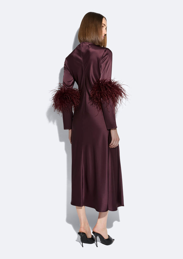Sally Lapointe Satin Draped Neck Bias Dress With Feathers