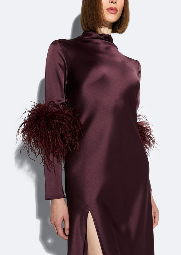 Sally Lapointe Satin Draped Neck Bias Dress With Feathers