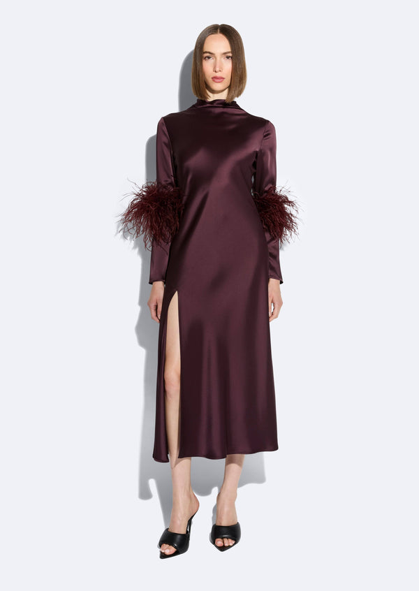 sally lapointe Satin Draped Neck Bias Dress With Feathers