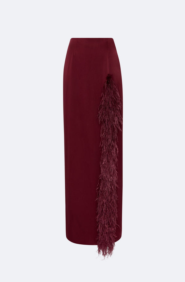 Sally Lapointe Satin High Waist Slit Maxi Skirt With Feathers