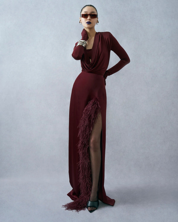 sally lapointe Satin High Waist Slit Maxi Skirt With Feathers