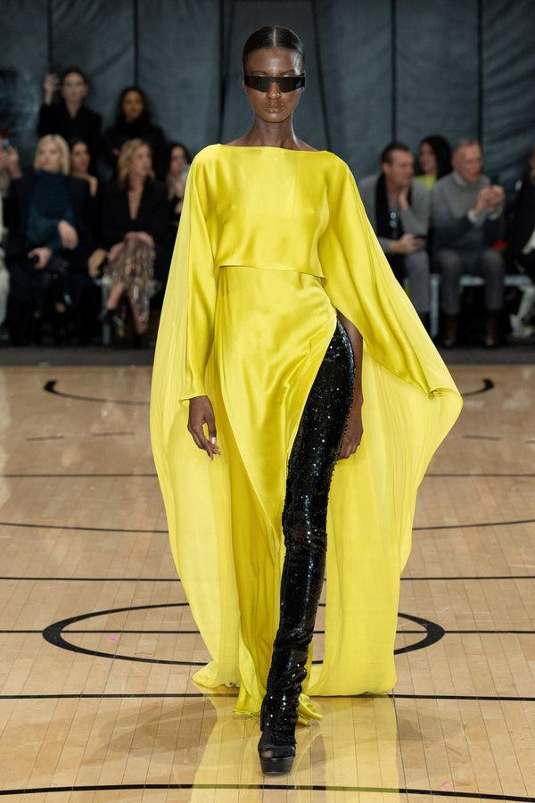 sally lapointe Satin Layered Gown With Georgette Cape