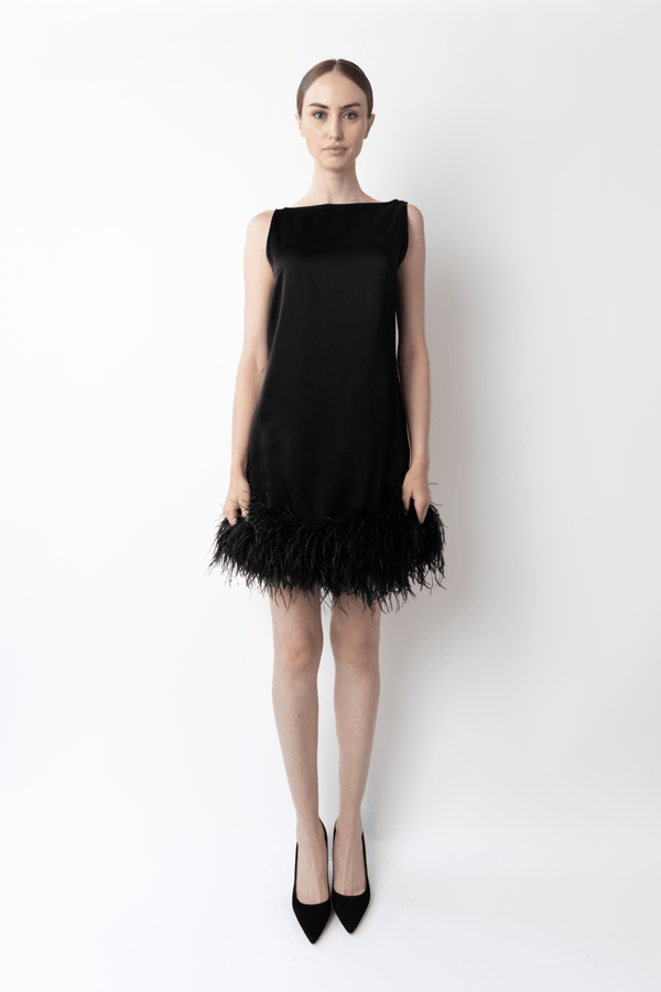 Sally Lapointe Satin Sleeveless Mini Dress With Feathers