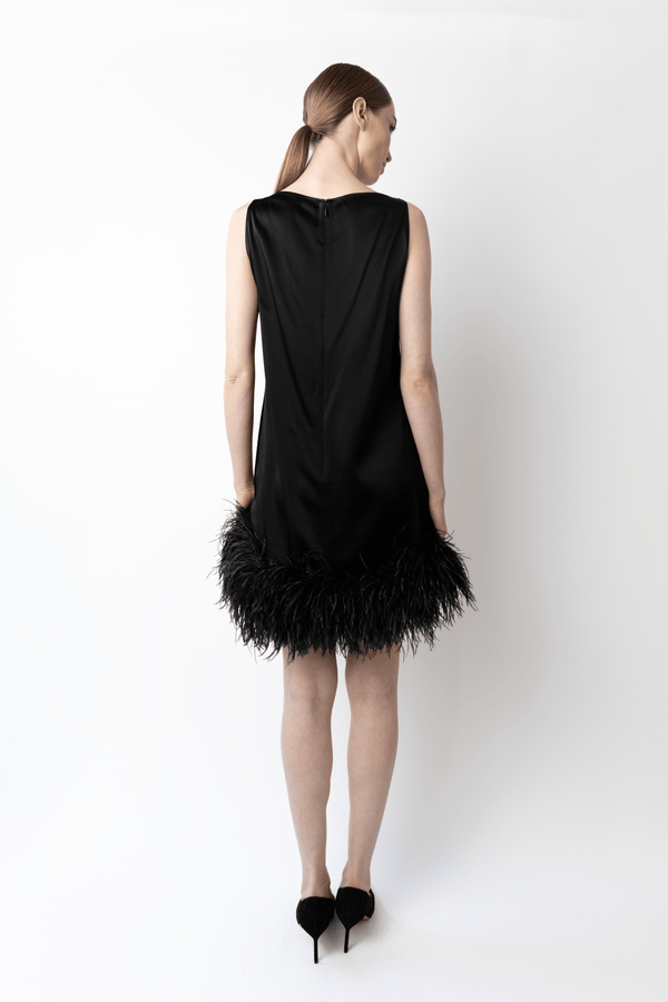 Sally Lapointe Satin Sleeveless Mini Dress With Feathers