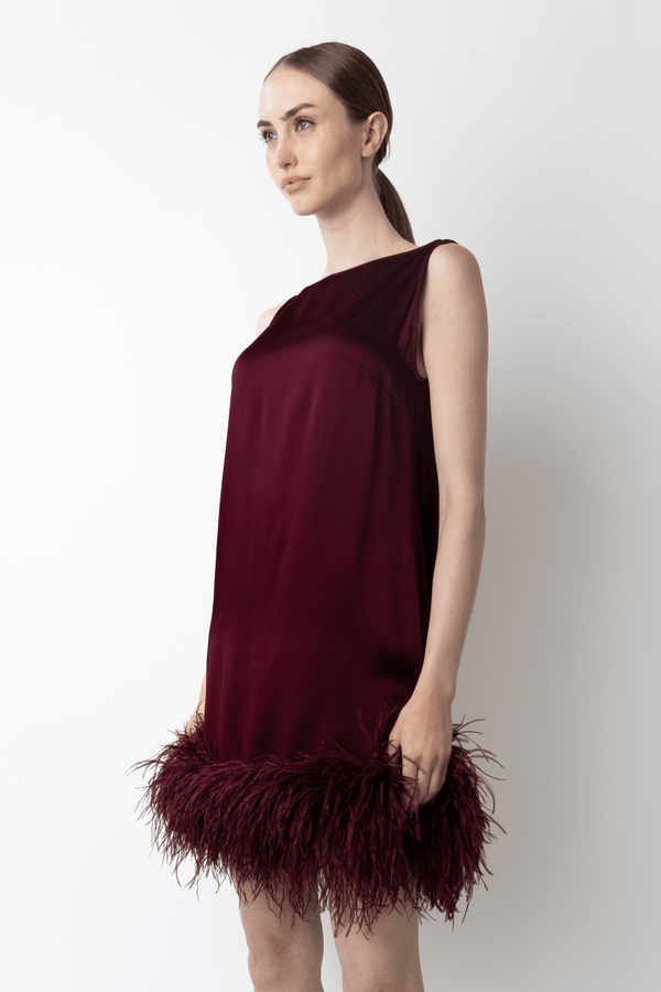 Sally Lapointe Satin Sleeveless Mini Dress With Feathers