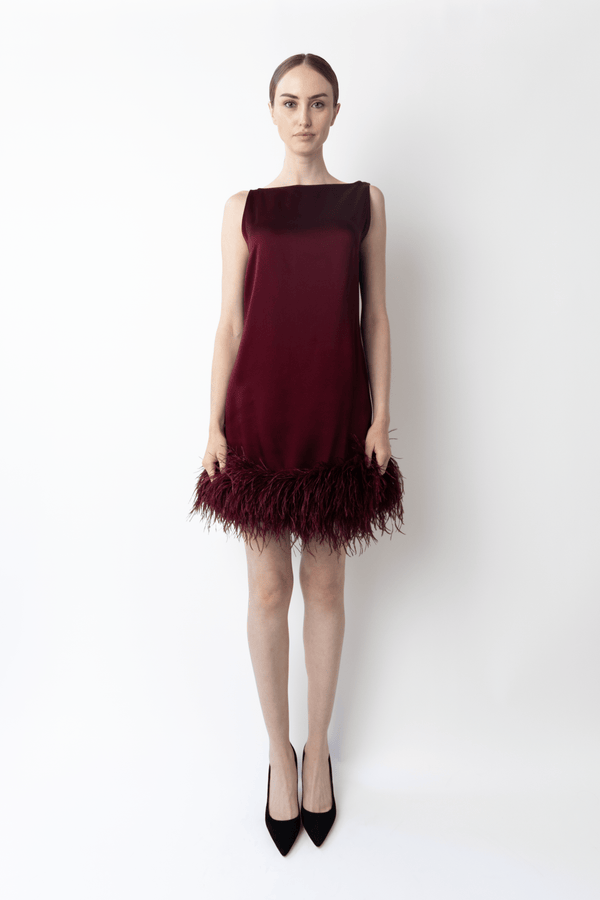 sally lapointe Satin Sleeveless Mini Dress With Feathers