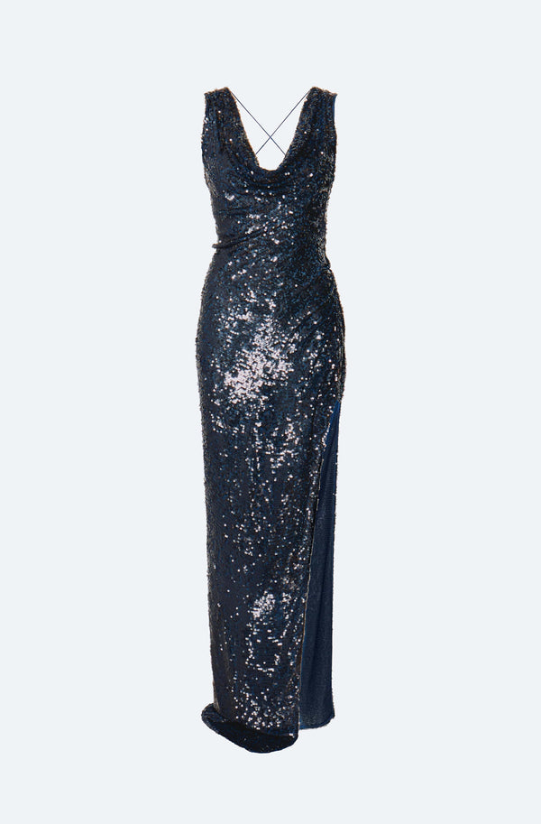 Sally Lapointe Sequin Viscose Backless Cowl Neck Gown