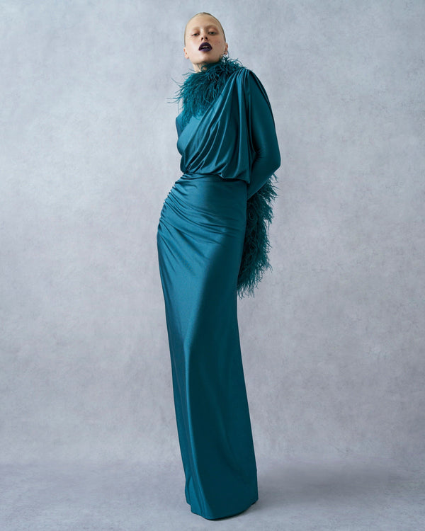 Sally Lapointe Shine Jersey Asymmetrical Ruched Draped Gown