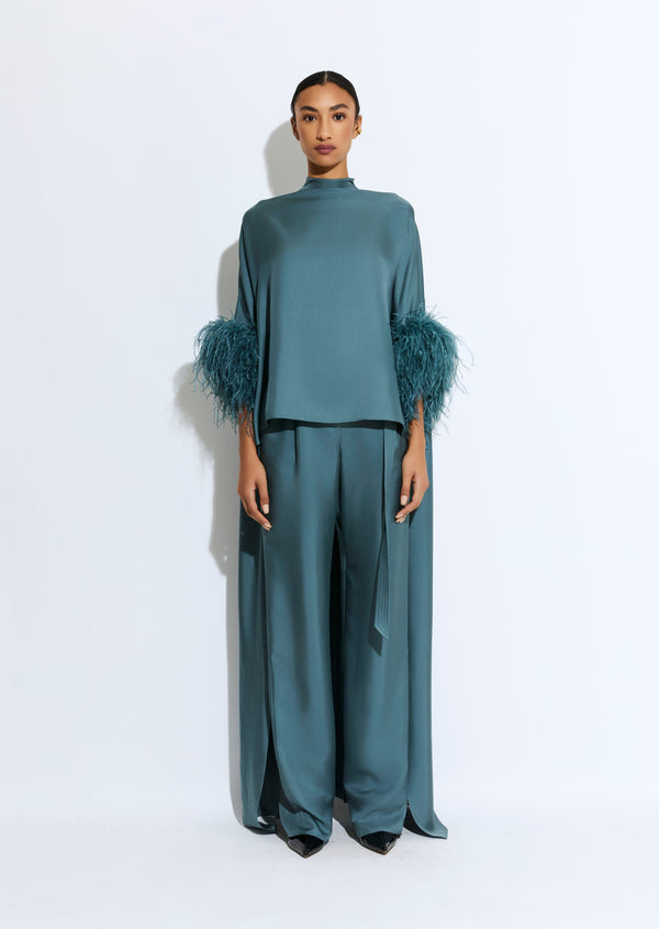 Sally Lapointe Silky Twill High Low Mock Neck Top With Feathers