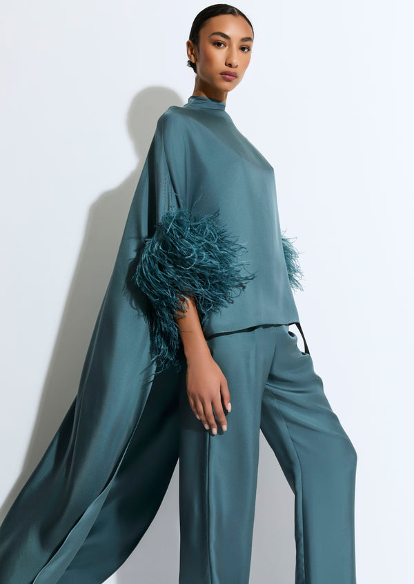 Sally Lapointe Silky Twill High Low Mock Neck Top With Feathers