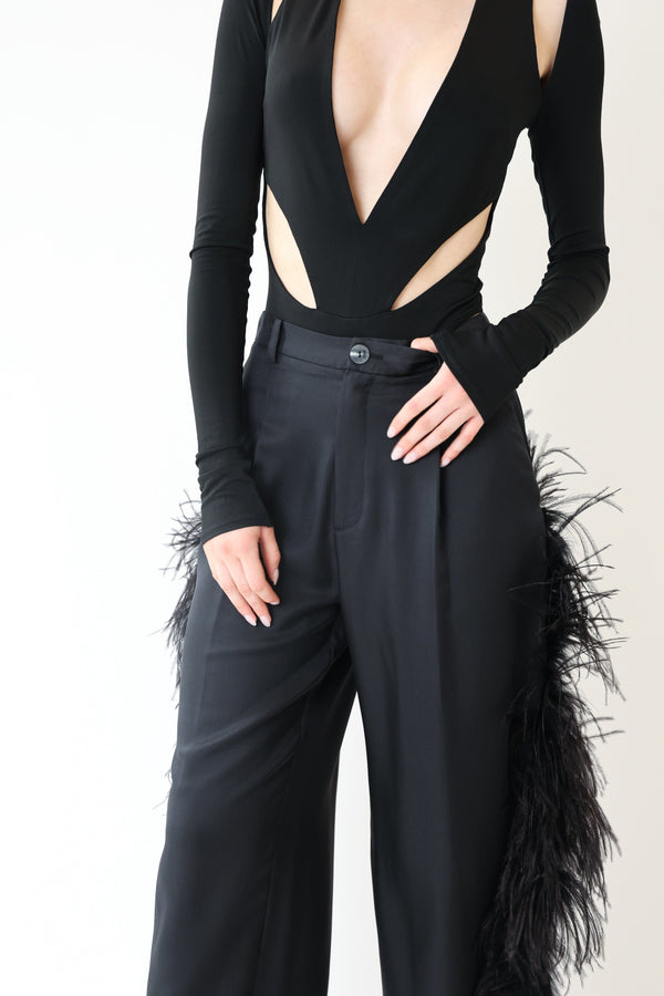Sally Lapointe Silky Twill Relaxed Pleated Pant With Feathers