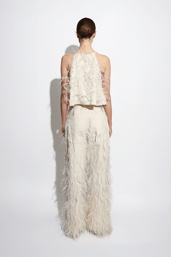 Sally Lapointe Stretch Cotton Twill Slouchy Pant With Feathers