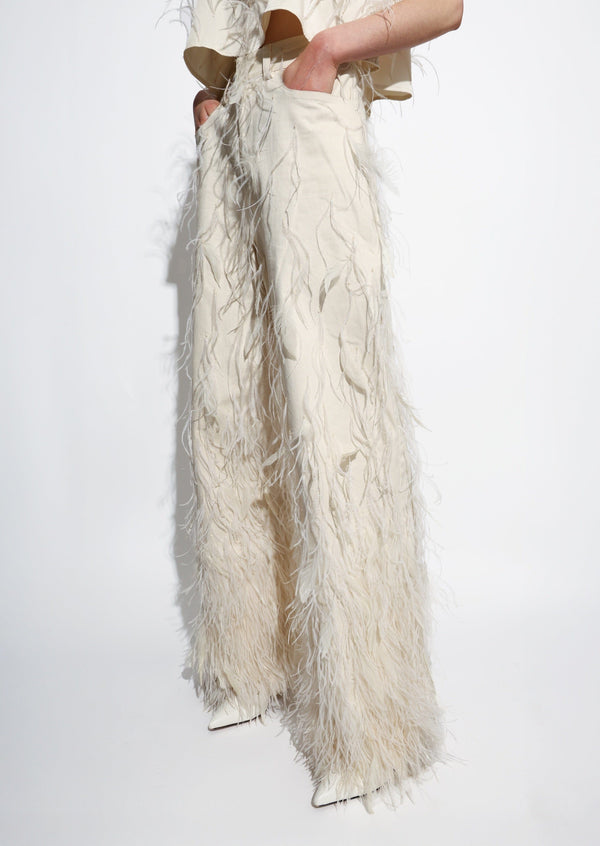 Sally Lapointe Stretch Cotton Twill Slouchy Pant With Feathers