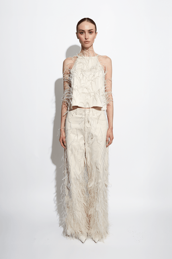 sally lapointe Stretch Cotton Twill Slouchy Pant With Feathers