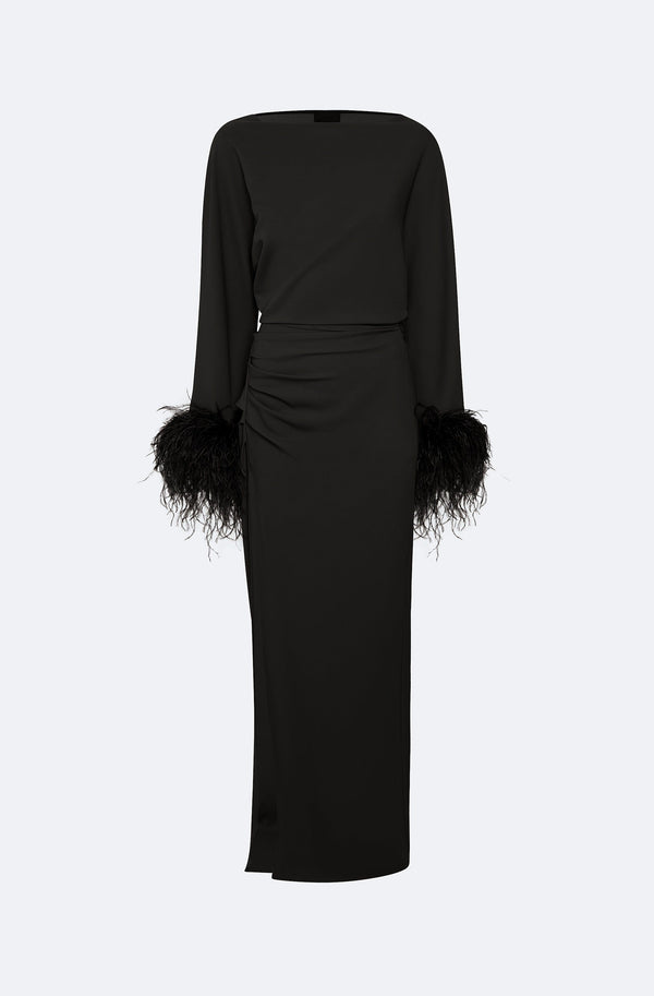 Sally Lapointe Stretch Drape Crepe Off The Shoulder Dress With Feathers