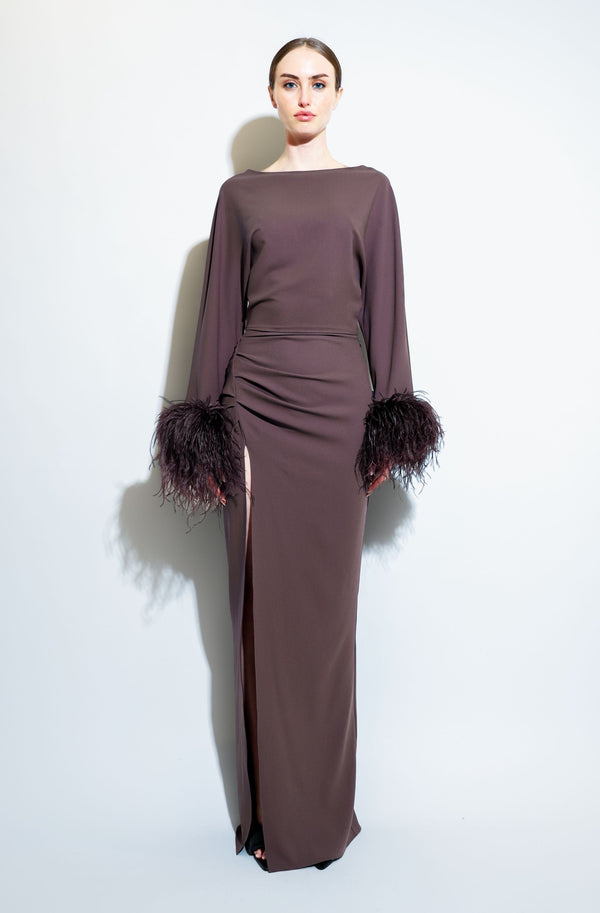 Sally Lapointe Stretch Drape Crepe Off The Shoulder Dress With Feathers