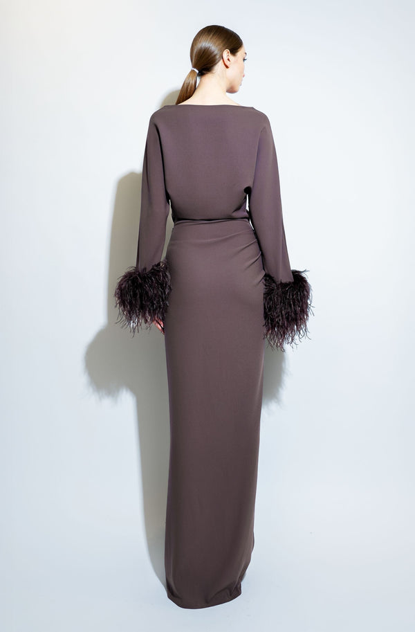 Sally Lapointe Stretch Drape Crepe Off The Shoulder Dress With Feathers