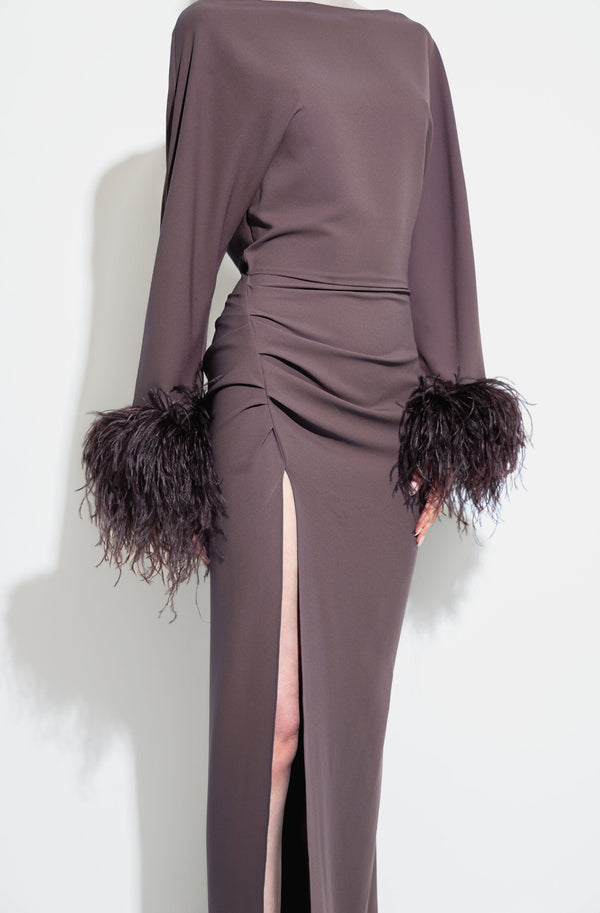 Sally Lapointe Stretch Drape Crepe Off The Shoulder Dress With Feathers