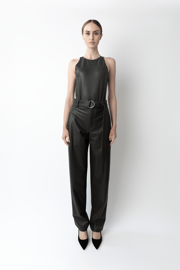 sally lapointe Stretch Faux Leather Belted Tapered Trouser