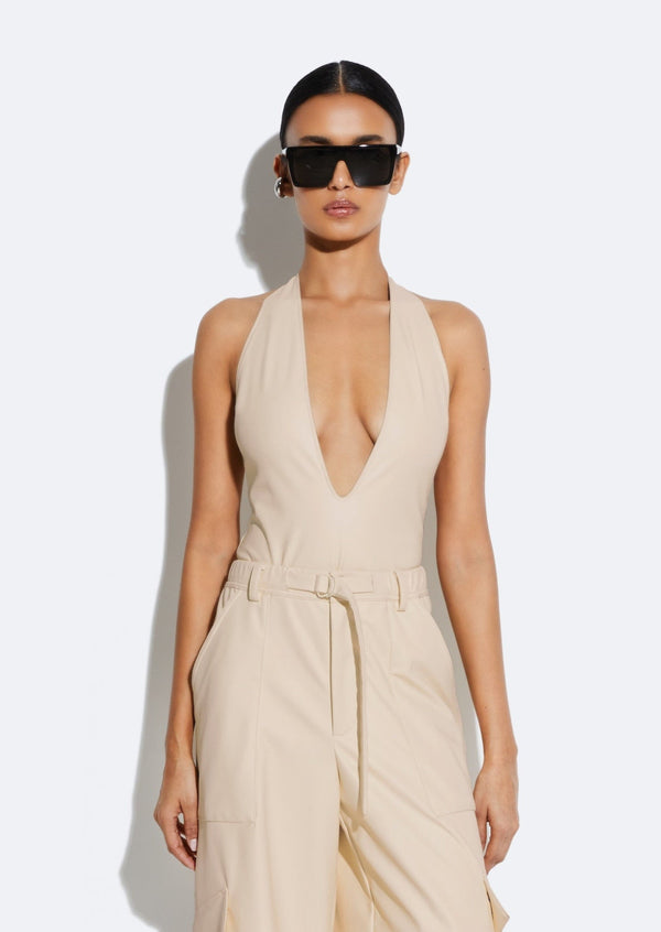 sally lapointe Stretch Faux Leather Plunge Neck Bodysuit