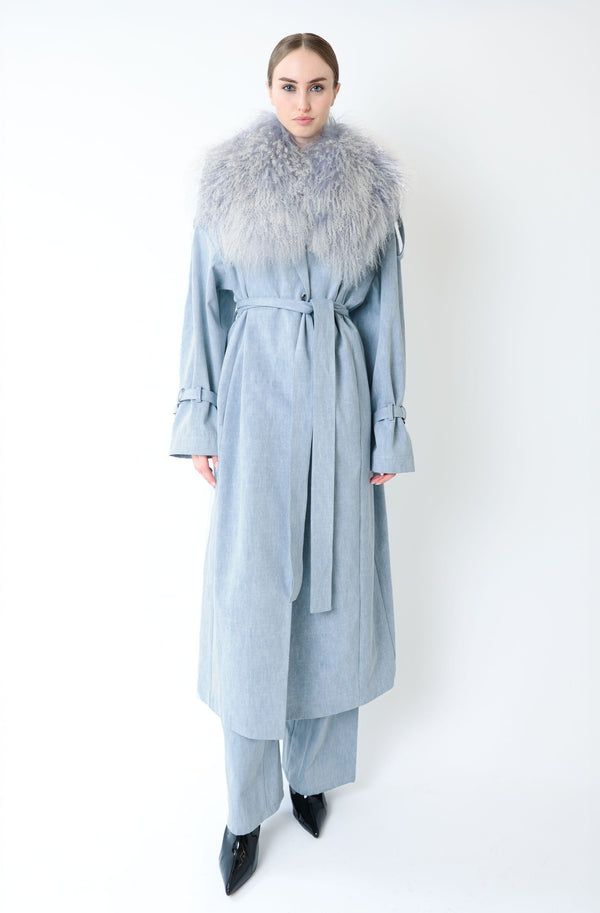 sally lapointe Washed Denim Relaxed Trench With Mongolian