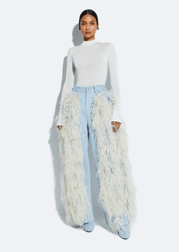 Sally Lapointe Washed Denim Straight Leg Pant With Feathers
