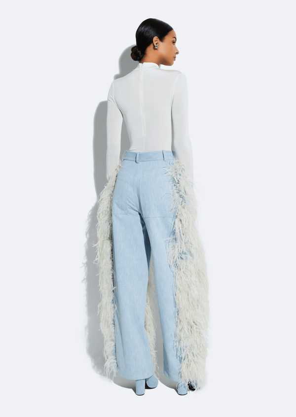 Sally Lapointe Washed Denim Straight Leg Pant With Feathers