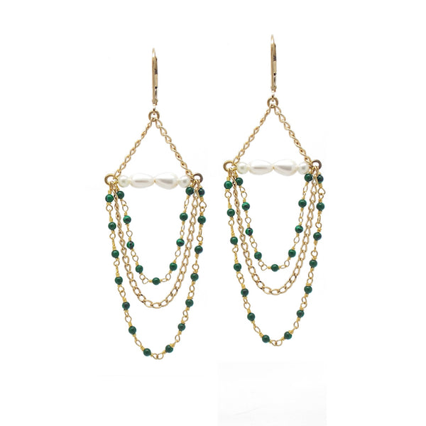 salome designs Penelope Malachite and Pearl Chandelier Earrings