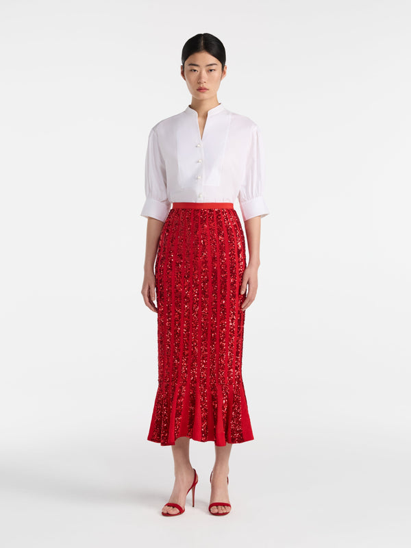 Saloni Aidan Venyx Skirt In Scarlet With Sequin Embroidery