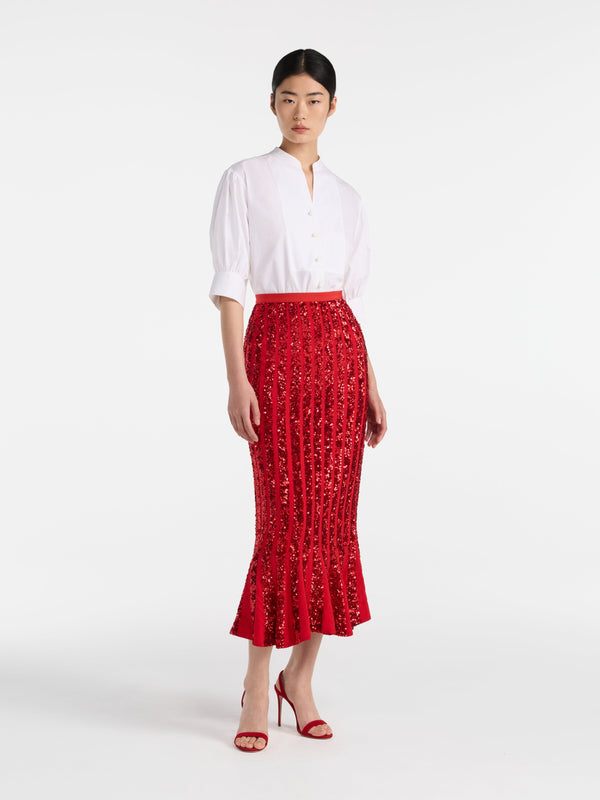 Saloni Aidan Venyx Skirt In Scarlet With Sequin Embroidery