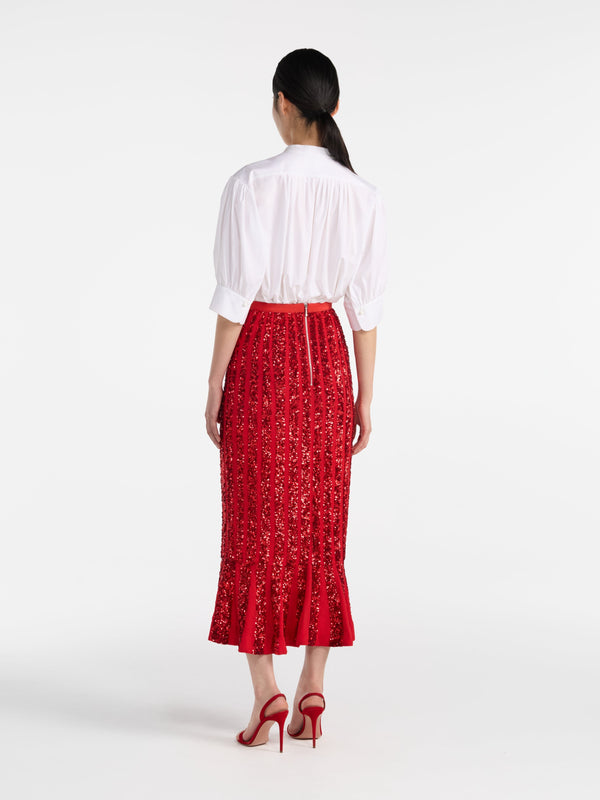 Saloni Aidan Venyx Skirt In Scarlet With Sequin Embroidery