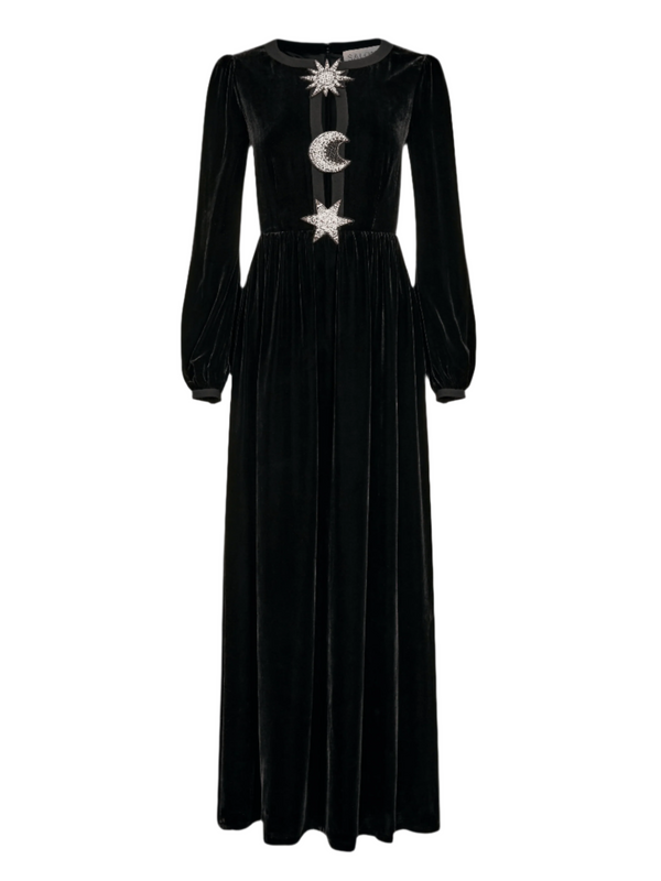saloni Camille Embellished Sun Moon Star Long Dress in Black