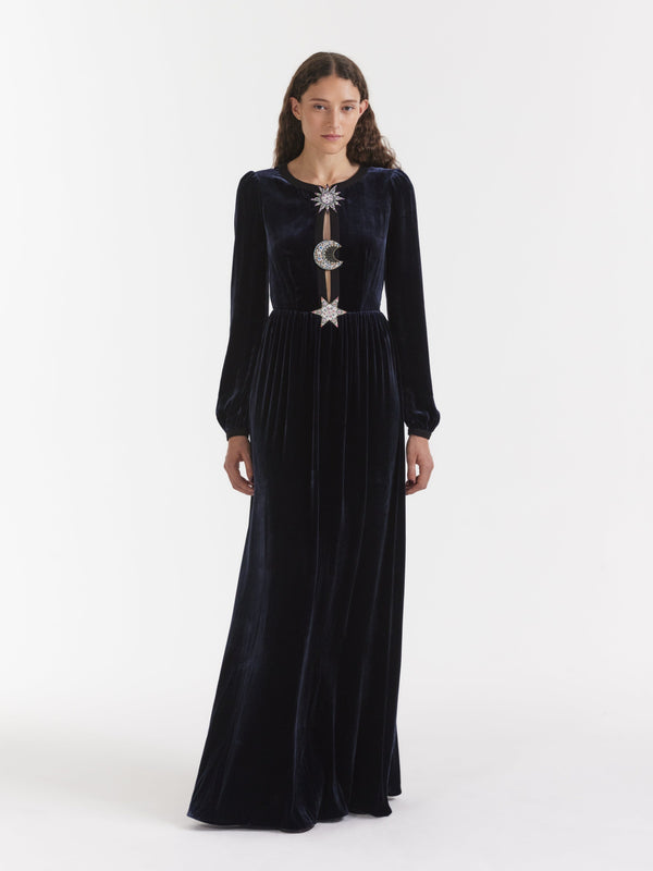 Saloni Camille Embellished Sun Moon Star Long Dress In Dark Navy
