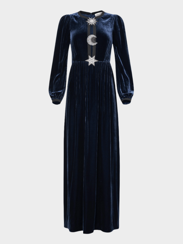 saloni Camille Embellished Sun Moon Star Long Dress in Dark Navy