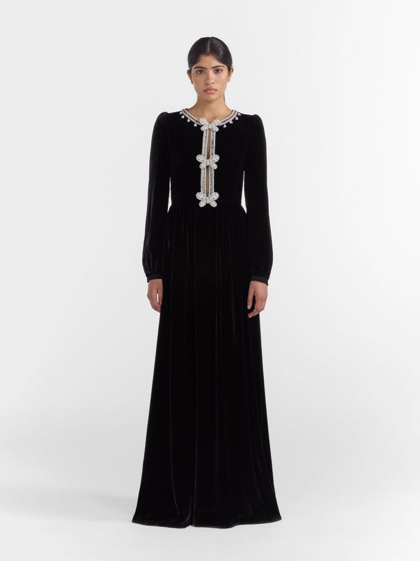 Saloni Camille Long Dress In Black Monarch Embroidery