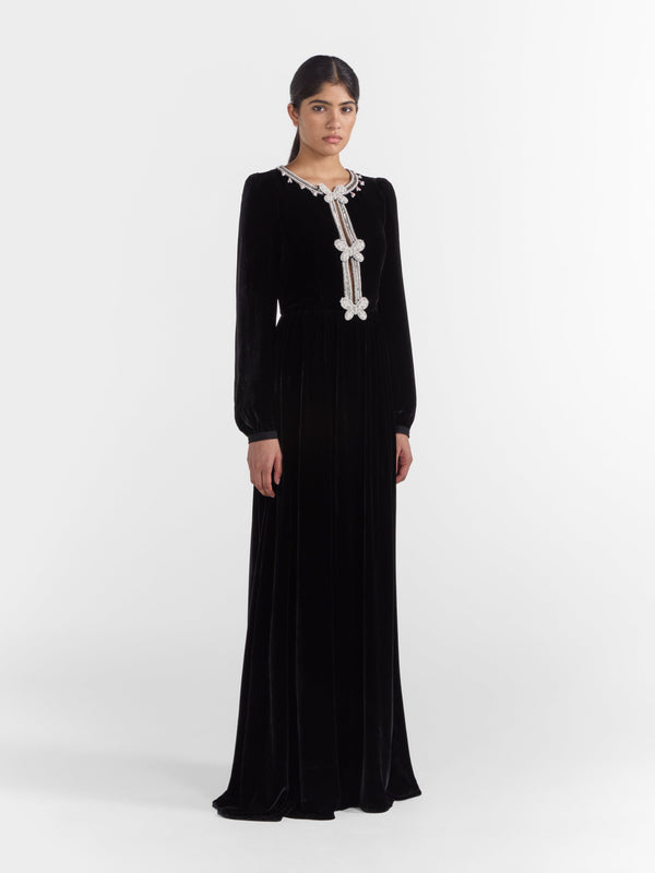 Saloni Camille Long Dress In Black Monarch Embroidery