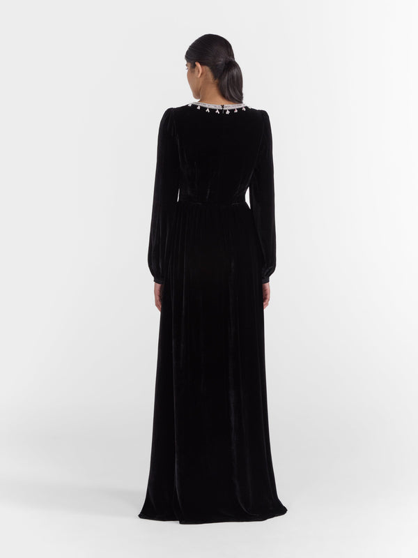 Saloni Camille Long Dress In Black Monarch Embroidery